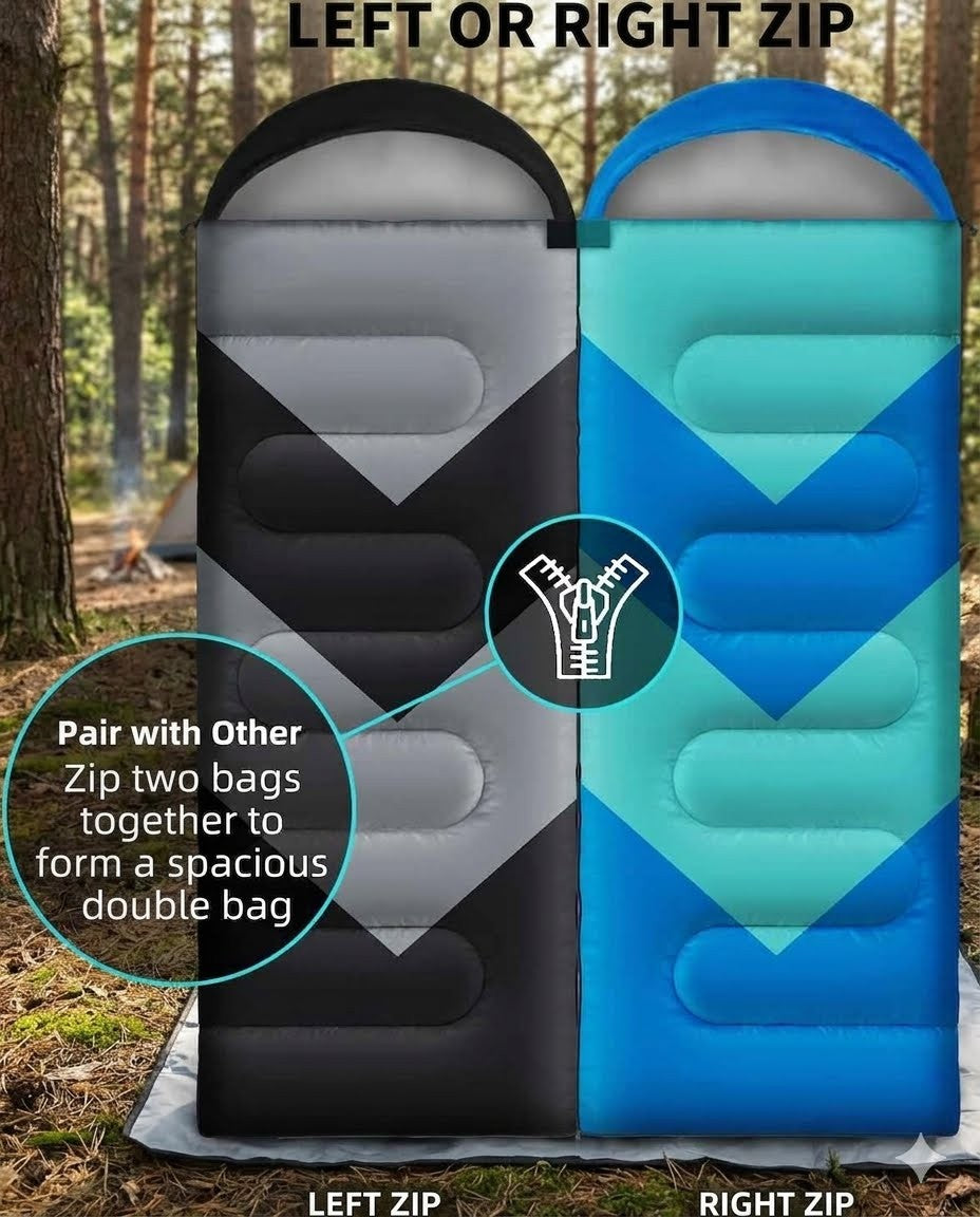 Two sleeping bags with left and right zipper options in a forest setting.