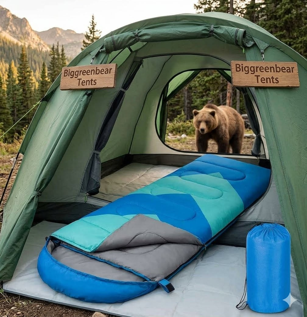 Camping tent with sleeping bag and bear outside, branded 'Biggreenbear Tents'.