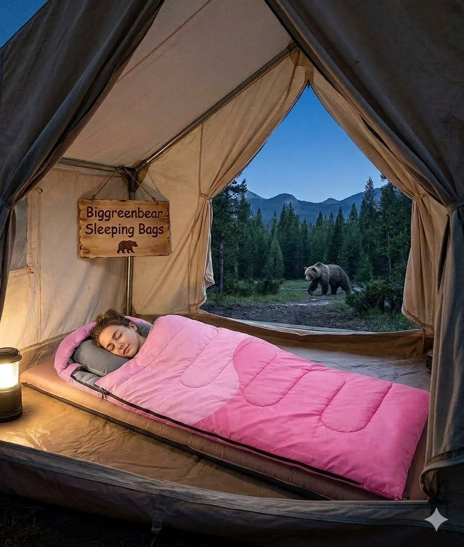Person sleeping in a pink sleeping bag inside a tent with a bear outside