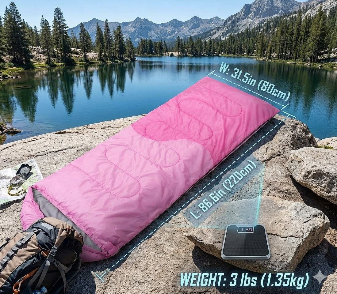 Pink sleeping bag on rocks with mountain and lake background