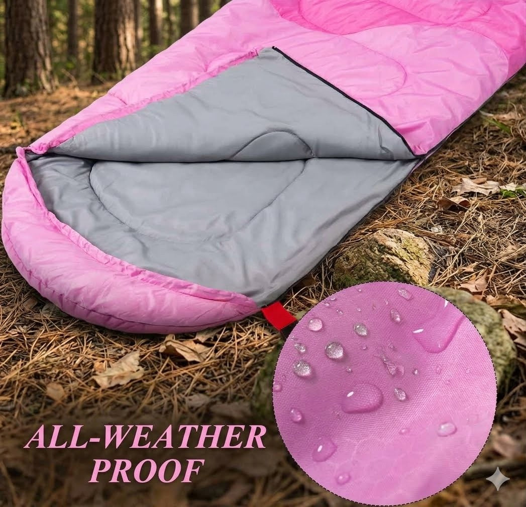 Pink and gray sleeping bag on the ground with a close-up of water droplets on pink fabric, indicating all-weather proof feature.