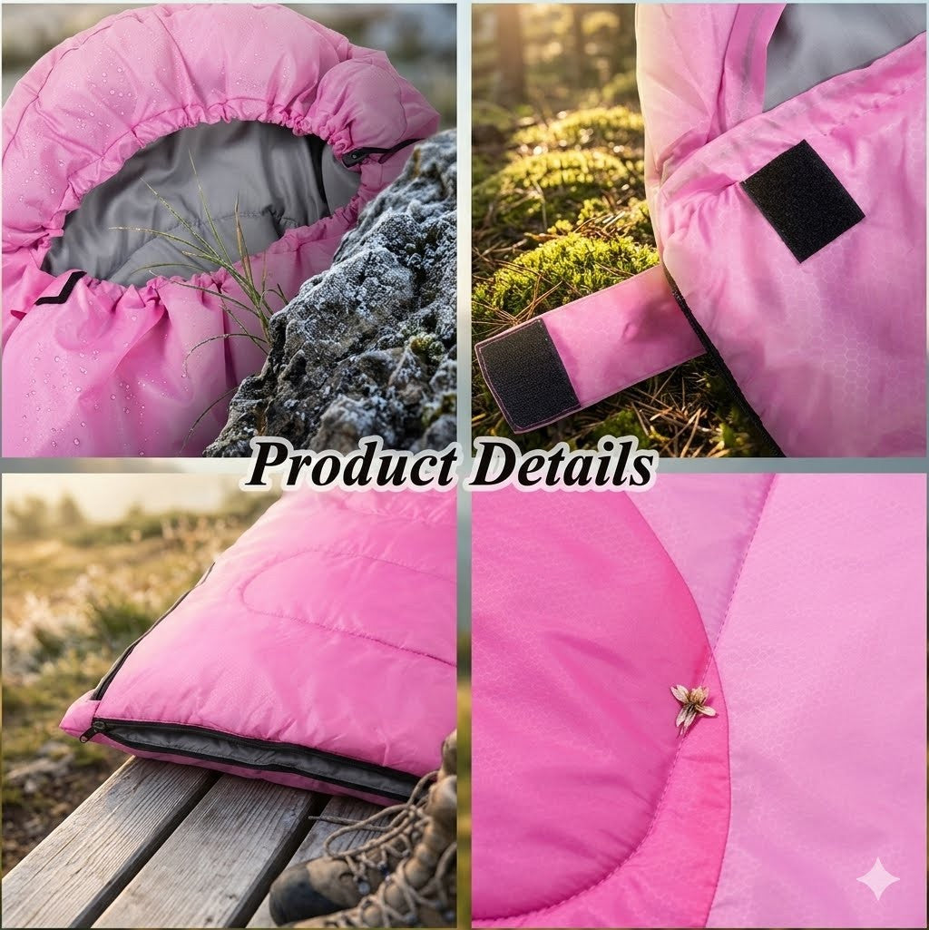 Collage of pink sleeping bag with product details text overlay