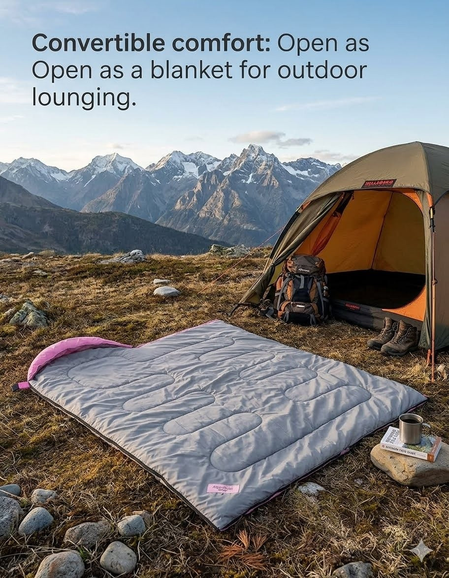 Camping scene with a tent and open blanket in front of mountains
