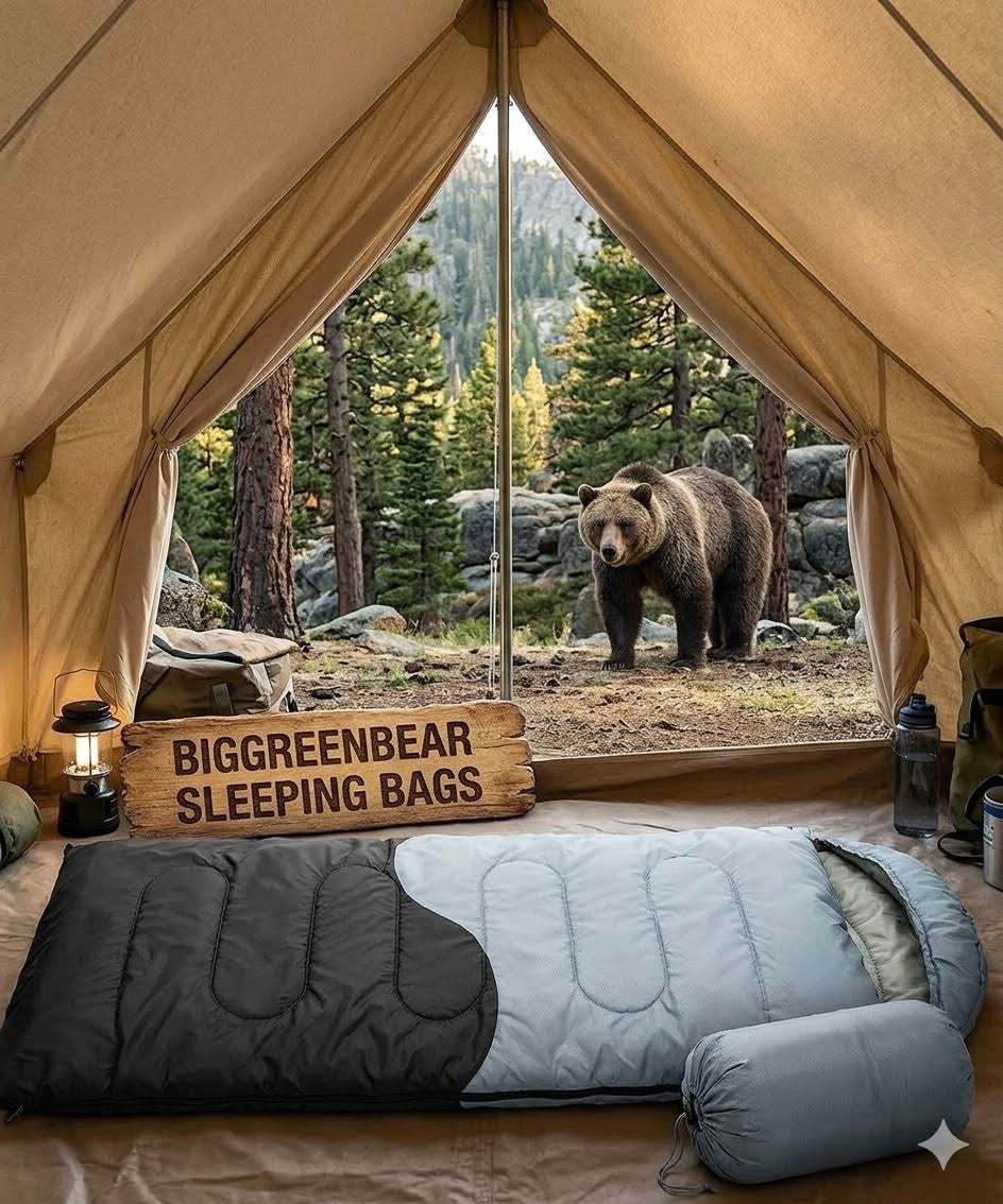 Camping scene with a bear outside a tent, featuring Biggreenbear sleeping bags.