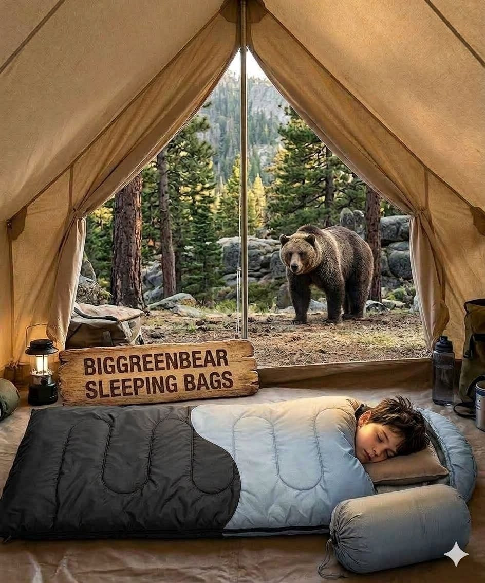 Person lying in a tent with a bear outside, featuring Big Green Bear Sleeping Bags branding.