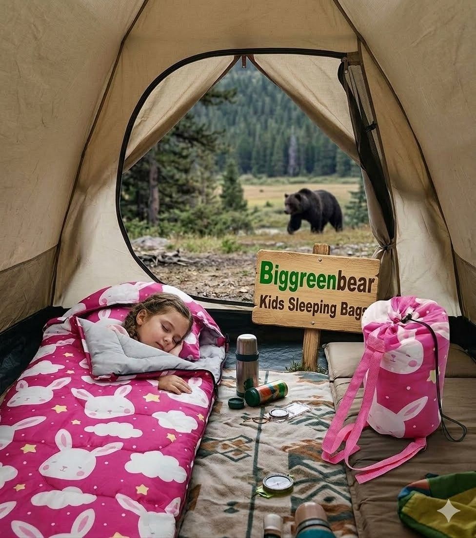 Child sleeping in a pink bunny-patterned sleeping bag inside a tent with a bear outside.