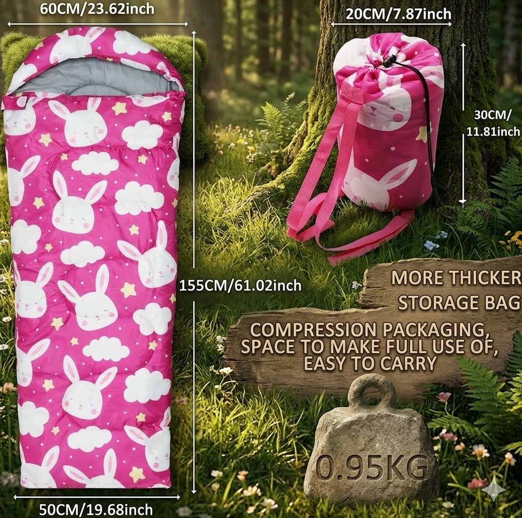 Pink children's sleeping bag with bunny design, shown with measurements and weight on a natural background.