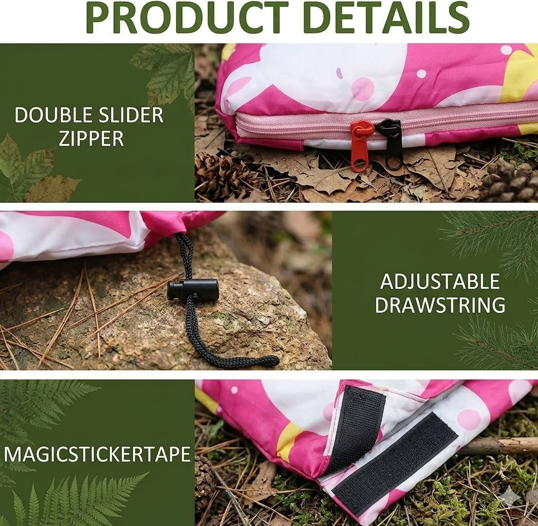 Product details of a pink and white bag with a double slider zipper and adjustable drawstring on a natural background.