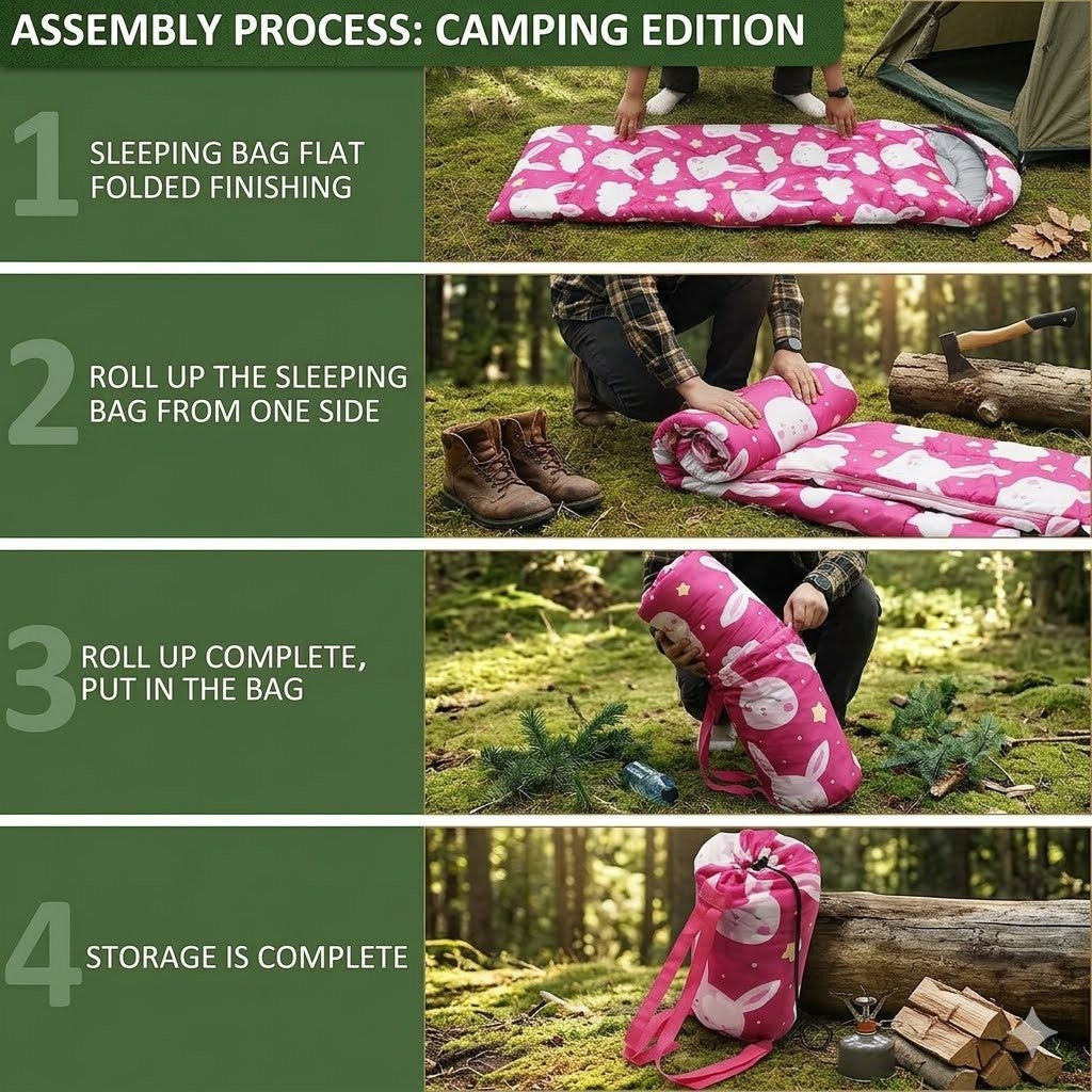 Step-by-step guide on how to assemble a pink sleeping bag for camping, with images of the process.