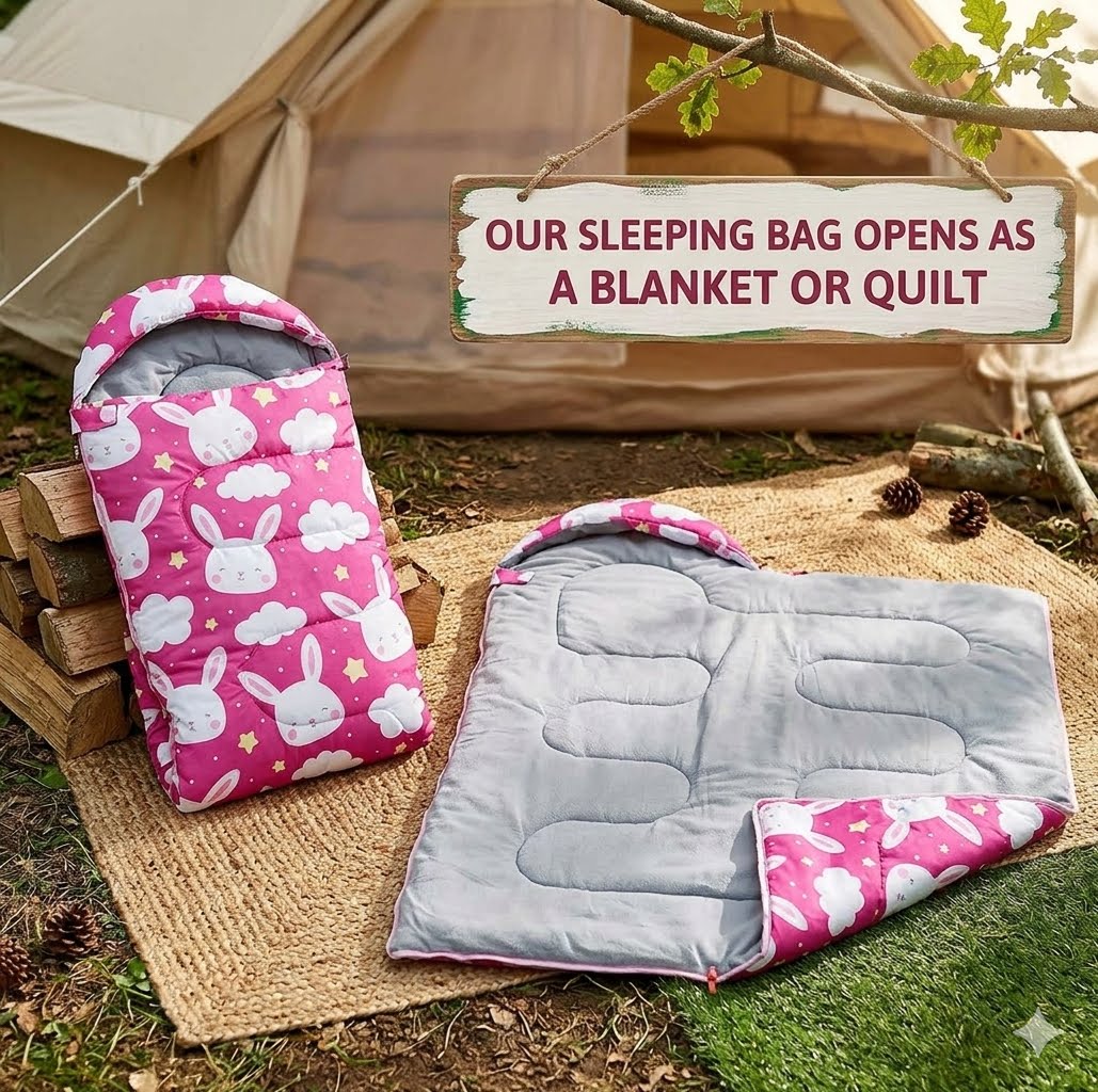 Pink sleeping bag with bunny design and gray quilted blanket on grass near a tent.