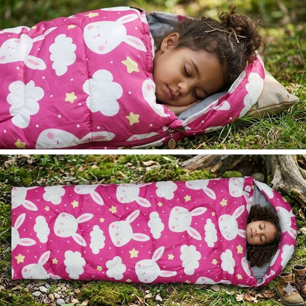 Child sleeping in a pink sleeping bag with bunny and cloud pattern on grass
