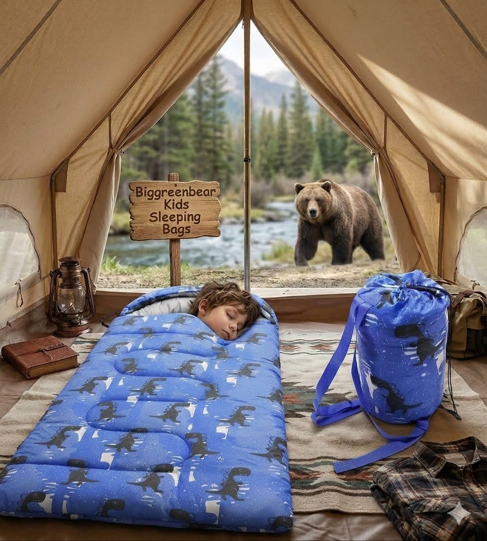 Child sleeping in a tent with a bear outside, featuring Biggreenbear Kids Sleeping Bags.