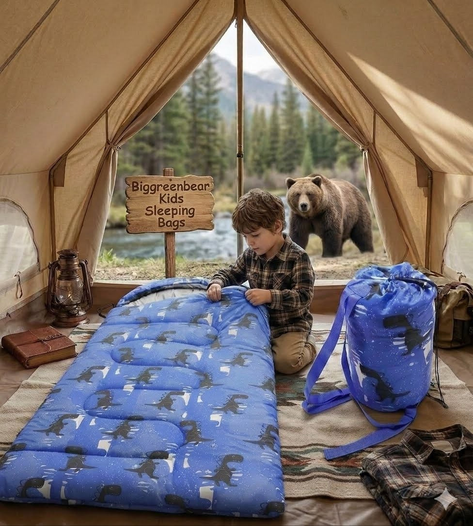 Child with a blue sleeping bag inside a tent with a bear outside
