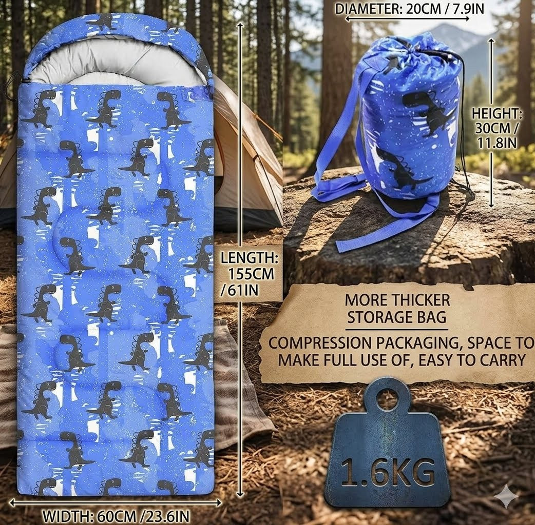 Blue sleeping bag with dinosaur pattern, shown open and rolled up with camping background.