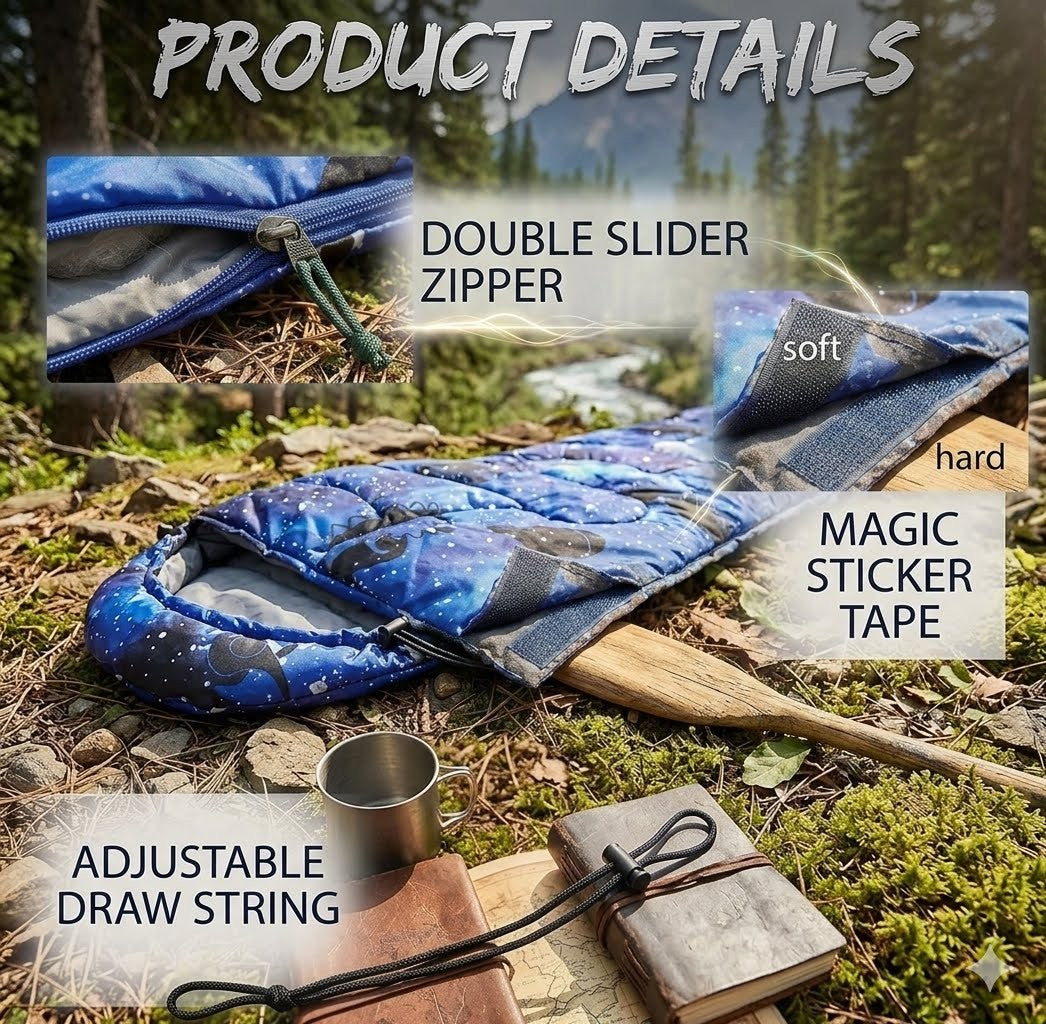 Blue sleeping bag with features highlighted on a natural background
