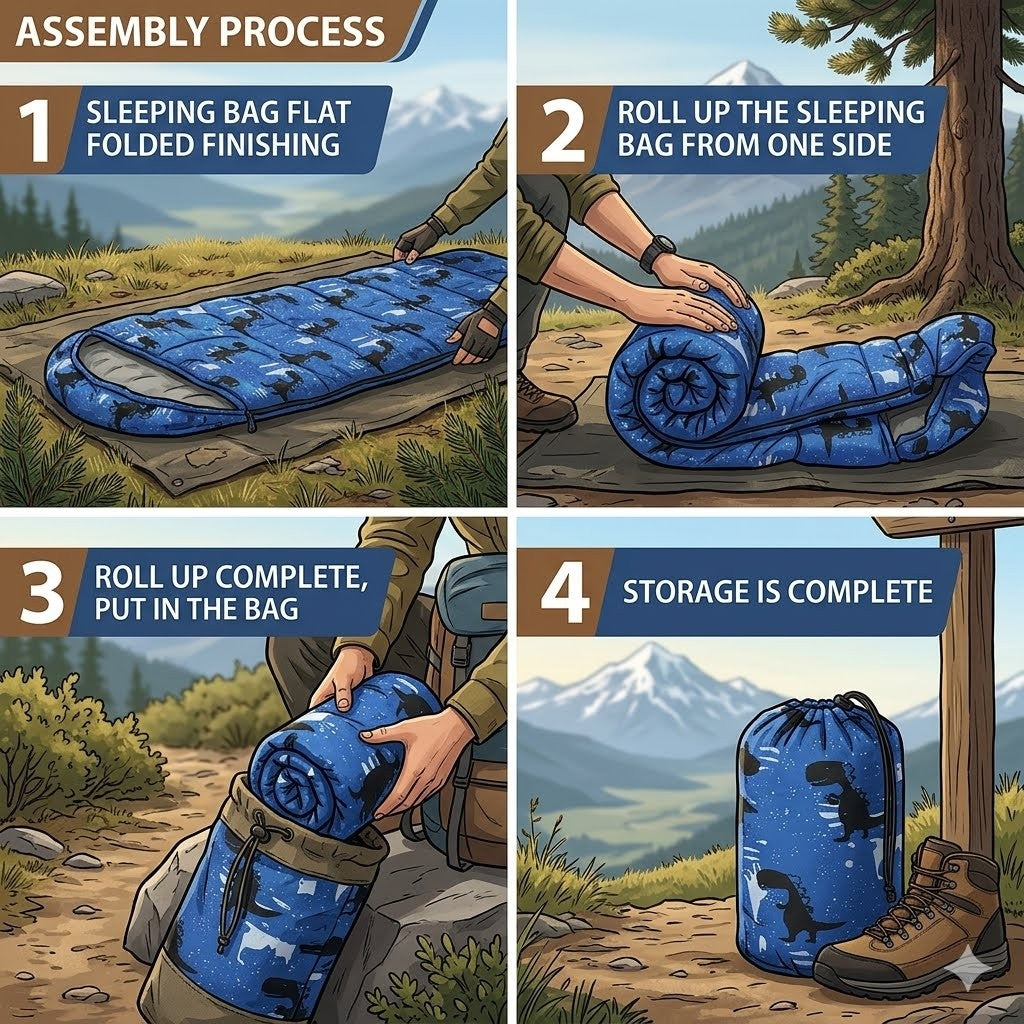 Step-by-step illustration of assembling a blue sleeping bag with outdoor scenery.