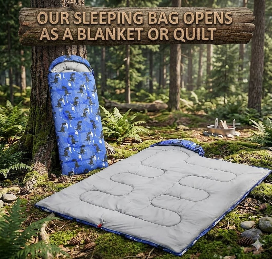 Sleeping bag open as a blanket or quilt in a forest setting with a sign above.
