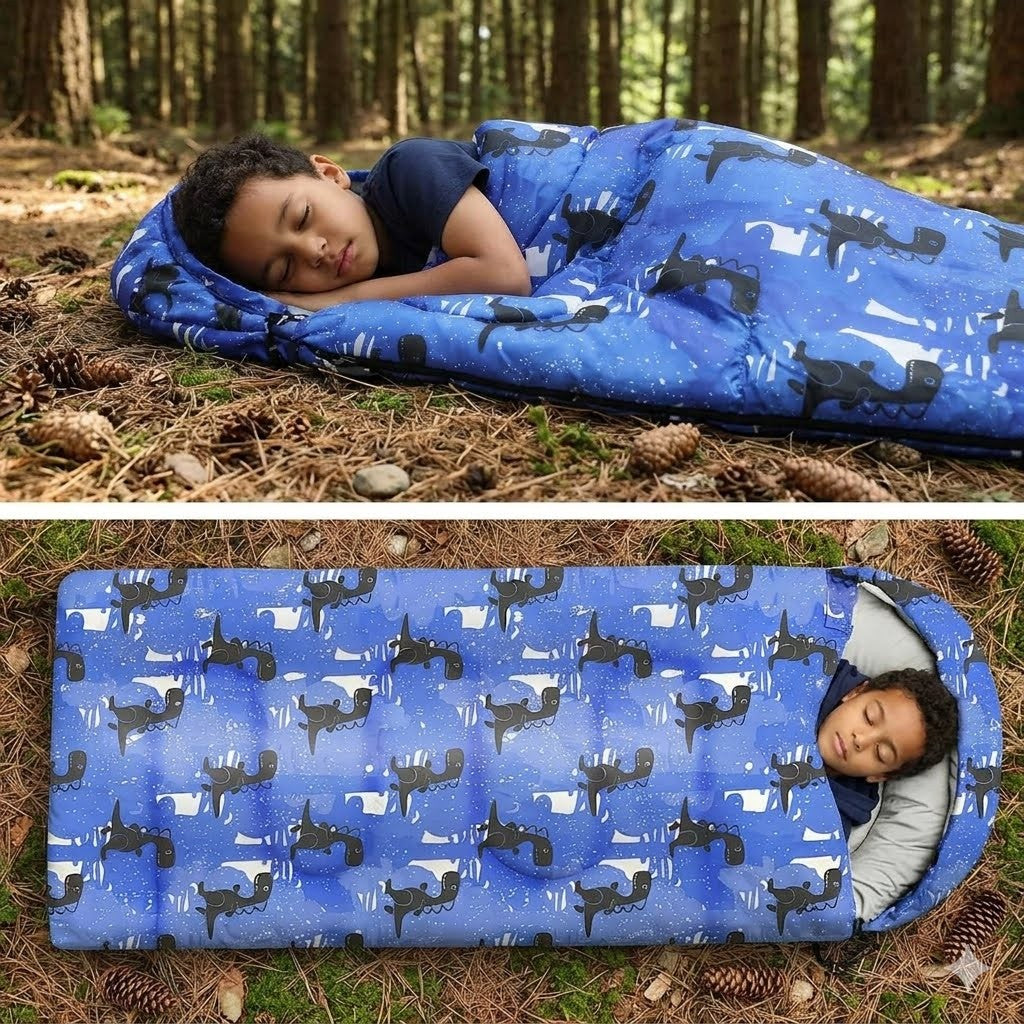 Child sleeping in a blue sleeping bag with animal pattern in a forest setting