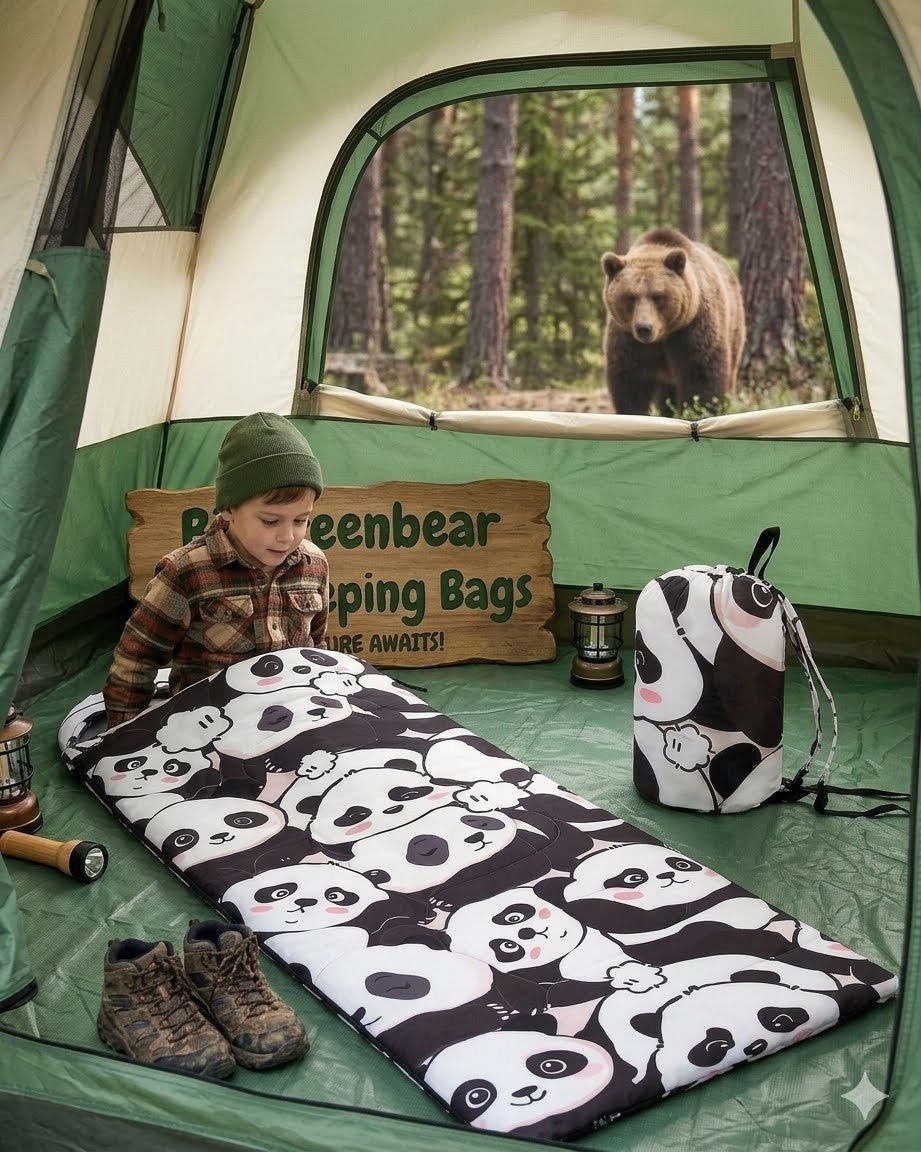 Child in a tent with a bear outside, surrounded by camping gear and a panda-patterned mat.