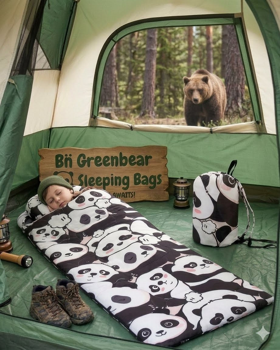 Person sleeping on a panda-patterned sleeping bag inside a tent with a bear outside.