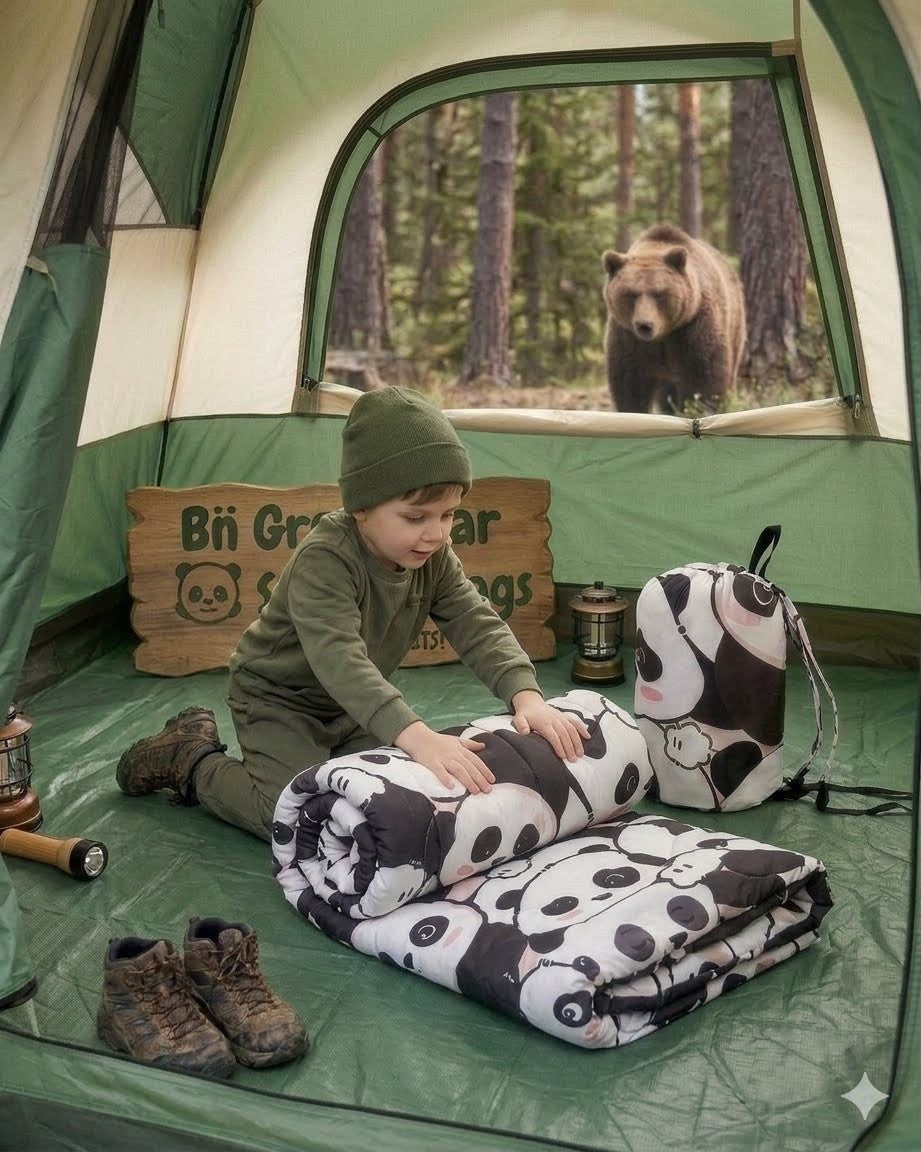 Child in a tent with a bear outside, surrounded by camping gear and a panda-themed blanket.