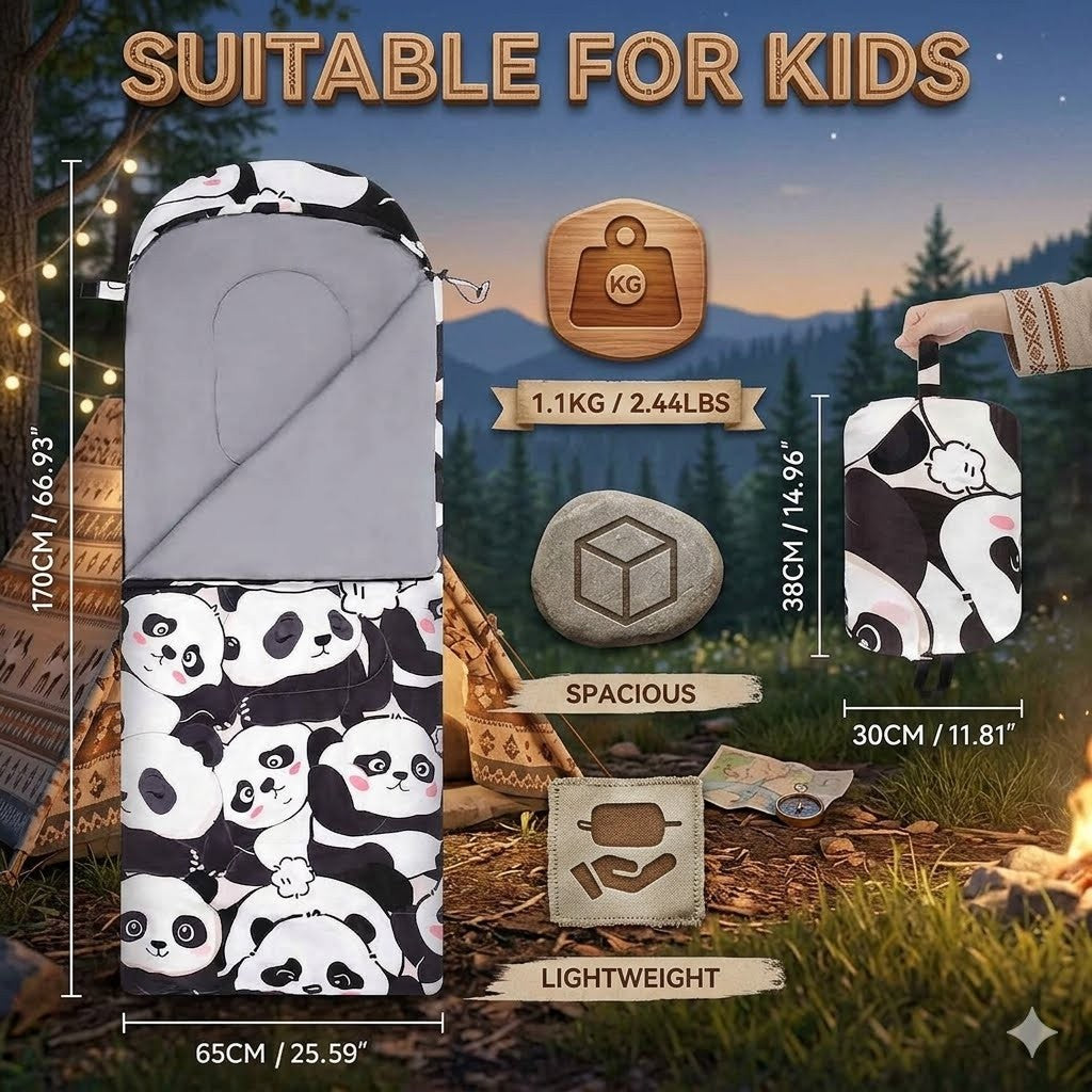 Children's sleeping bag with panda design, measurements, and camping scene