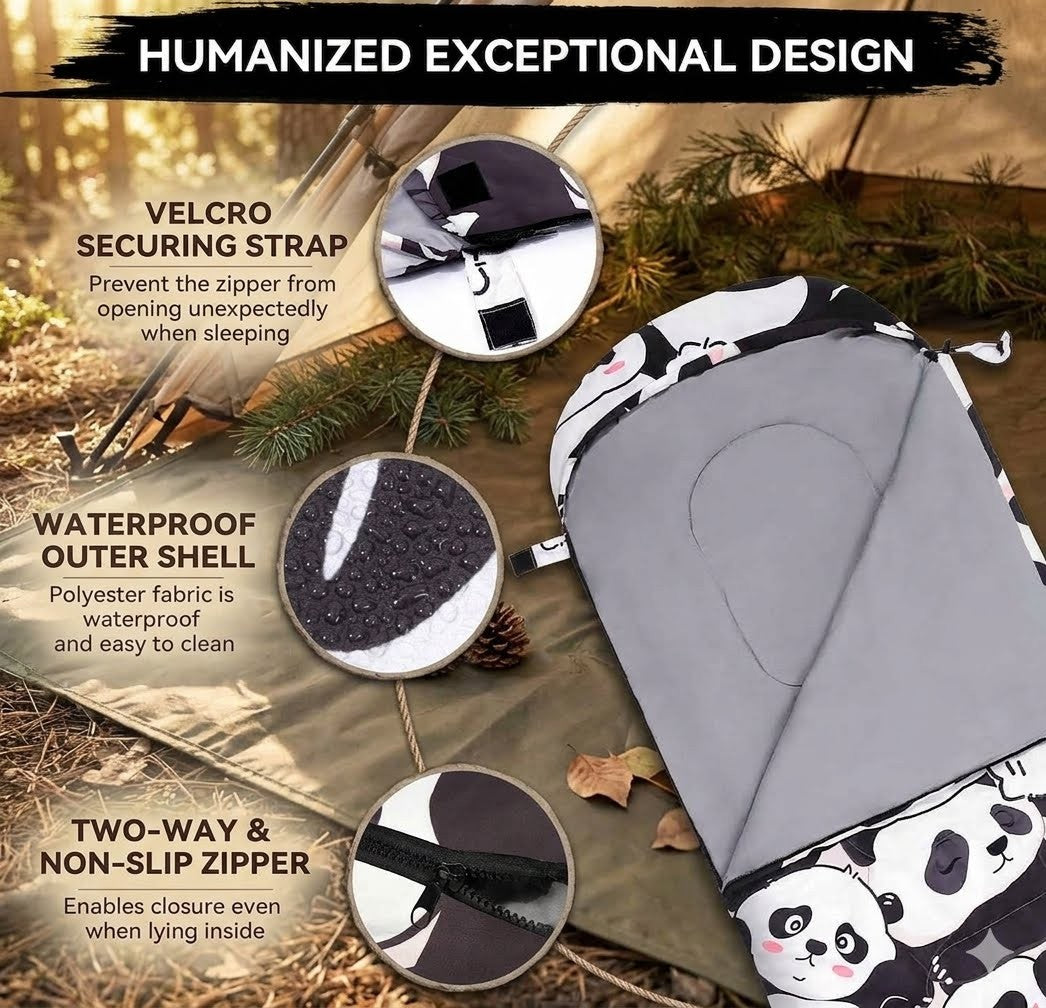 Gray sleeping bag with panda design on a natural background, featuring text on design features.