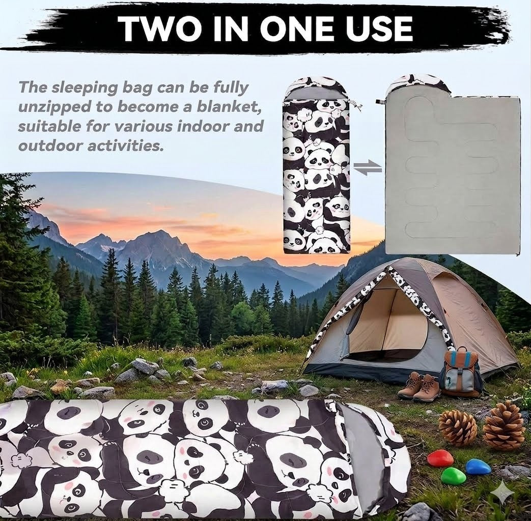 Sleeping bag with panda pattern rolled up and unrolled, with a tent and camping gear in the background.