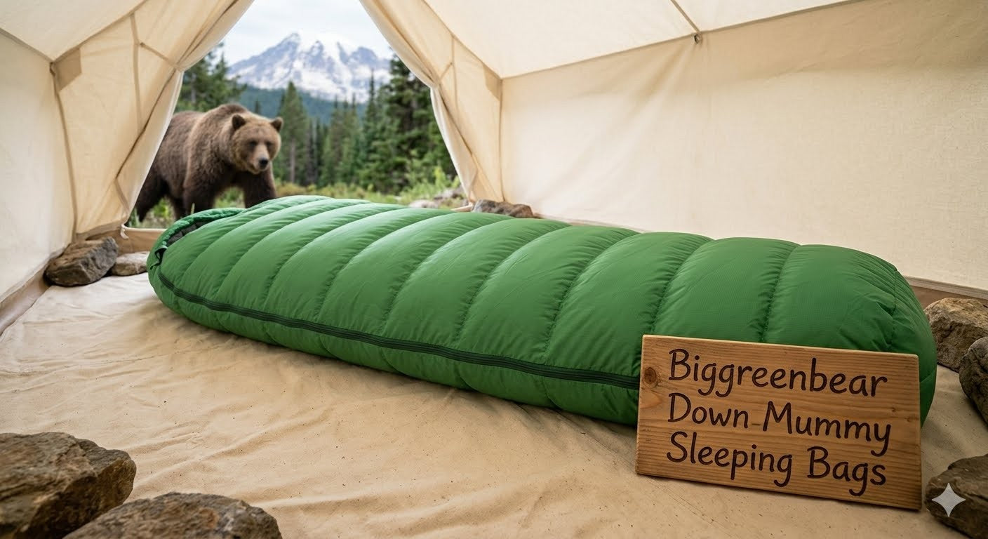 Green sleeping bag with 'Biggreenbear Down Mummy Sleeping Bags' sign in a tent with a bear outside.