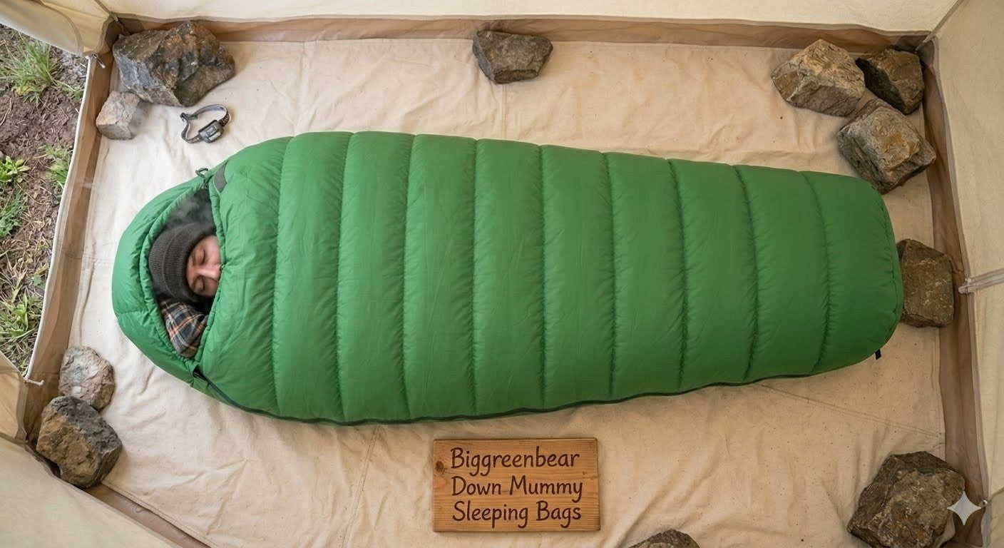 Person sleeping in a green Biggreen bear Down Mummy Sleeping Bag on a camping mat with rocks around.
