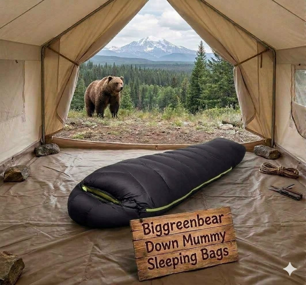 Black sleeping bag on a camping mat with a bear outside a tent and mountains in the background, featuring 'Biggreenbear' branding.