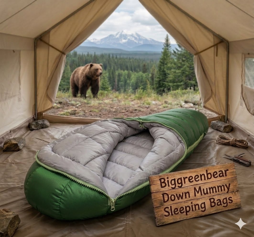 Green and gray sleeping bag in a tent with a bear outside, featuring Biggreenbear branding.