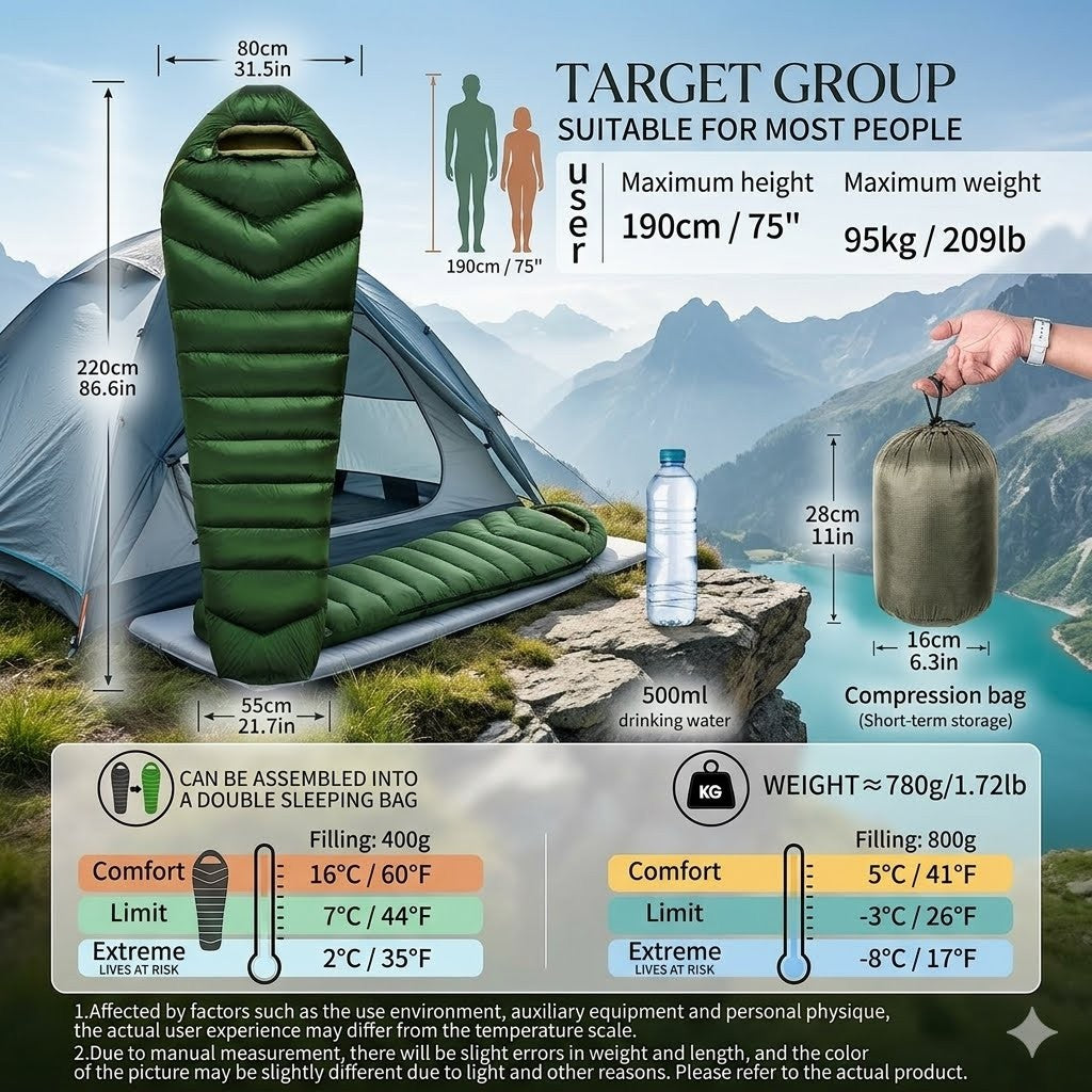Camping sleeping bag with dimensions, weight, and usage information displayed against a mountain backdrop.