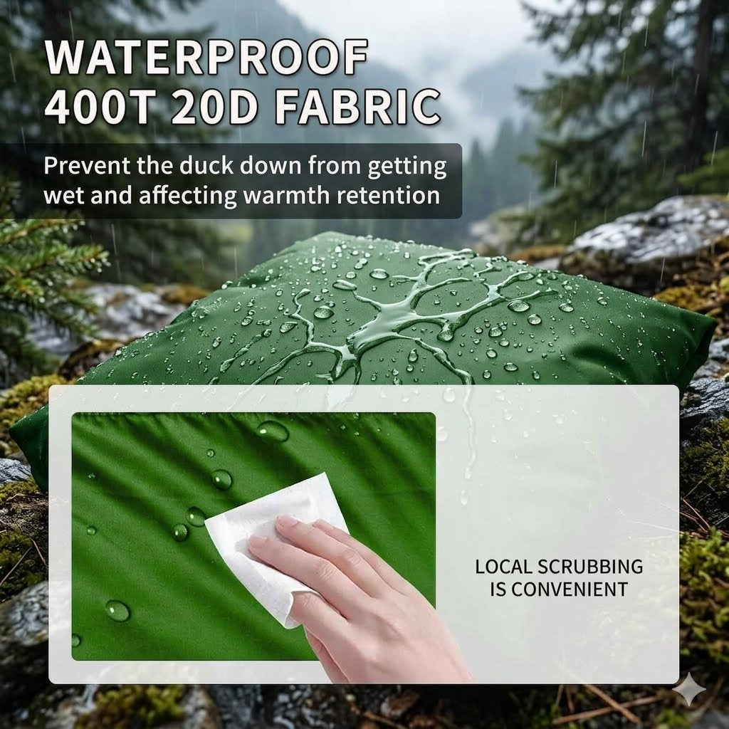Green fabric with waterproof 400T 20D fabric feature, showing water droplets and a hand scrubbing it.