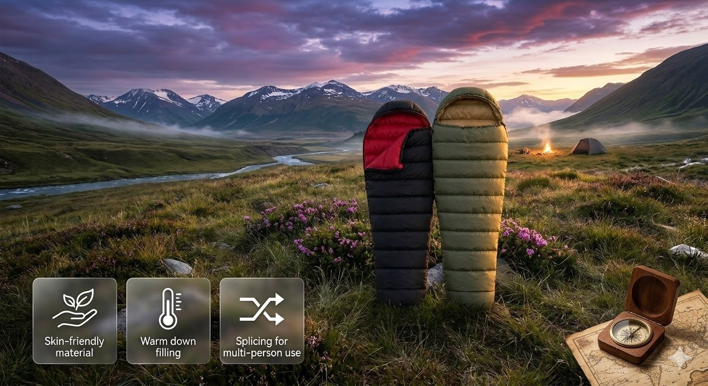 Two sleeping bags on a grassy field with mountains and a sunset in the background, featuring icons for skin-friendly material, warm-down filling, splicing for multi-person use.