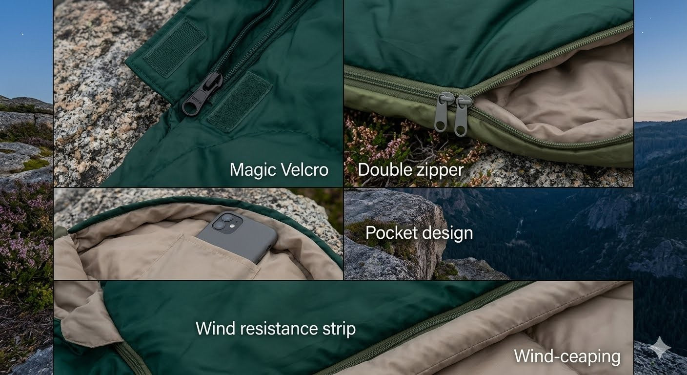 Collage of features of a jacket with text labels on a natural background