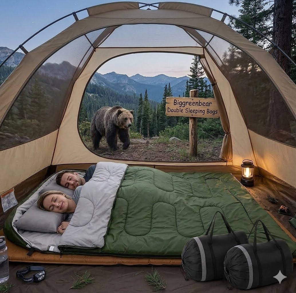 Two people sleeping in a tent with a bear outside, surrounded by nature.