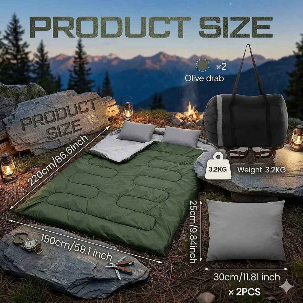Outdoor camping setup with sleeping bag, pillow, and accessories in a scenic setting.
