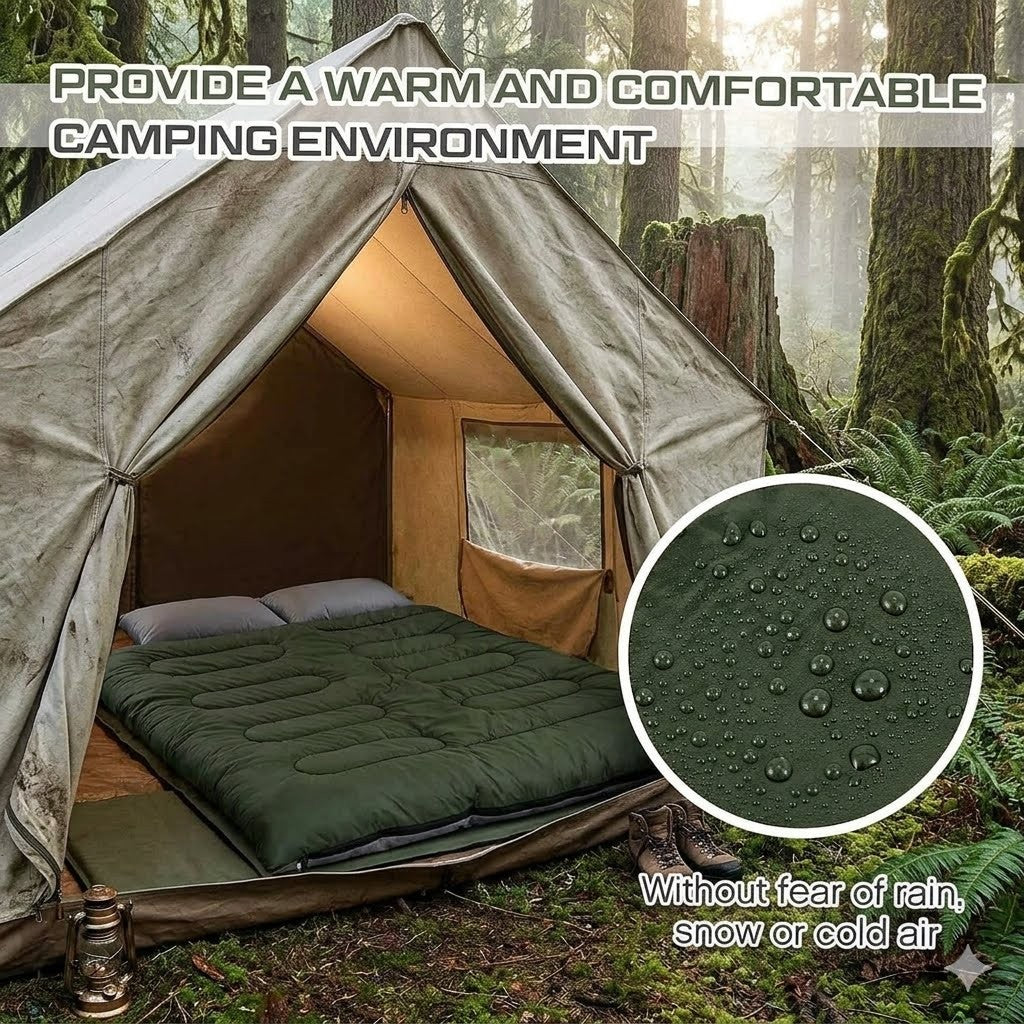 Camping tent with bedding in a forest setting, emphasizing warmth and comfort.