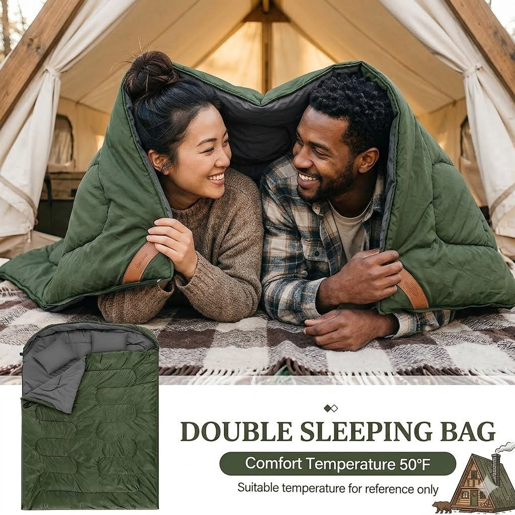 Two people lying under a green double sleeping bag inside a tent.