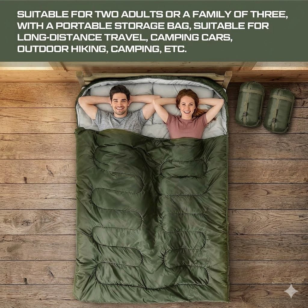 Two people lying in a green sleeping bag on a wooden floor with text about its suitability for travel and camping.