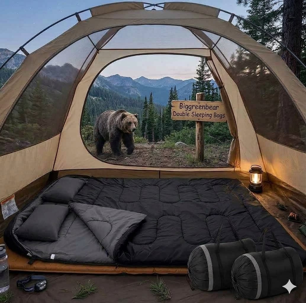 Tent with a bear outside, Biggreenbear Double Sleeping Bags sign, and camping gear inside. big green bear