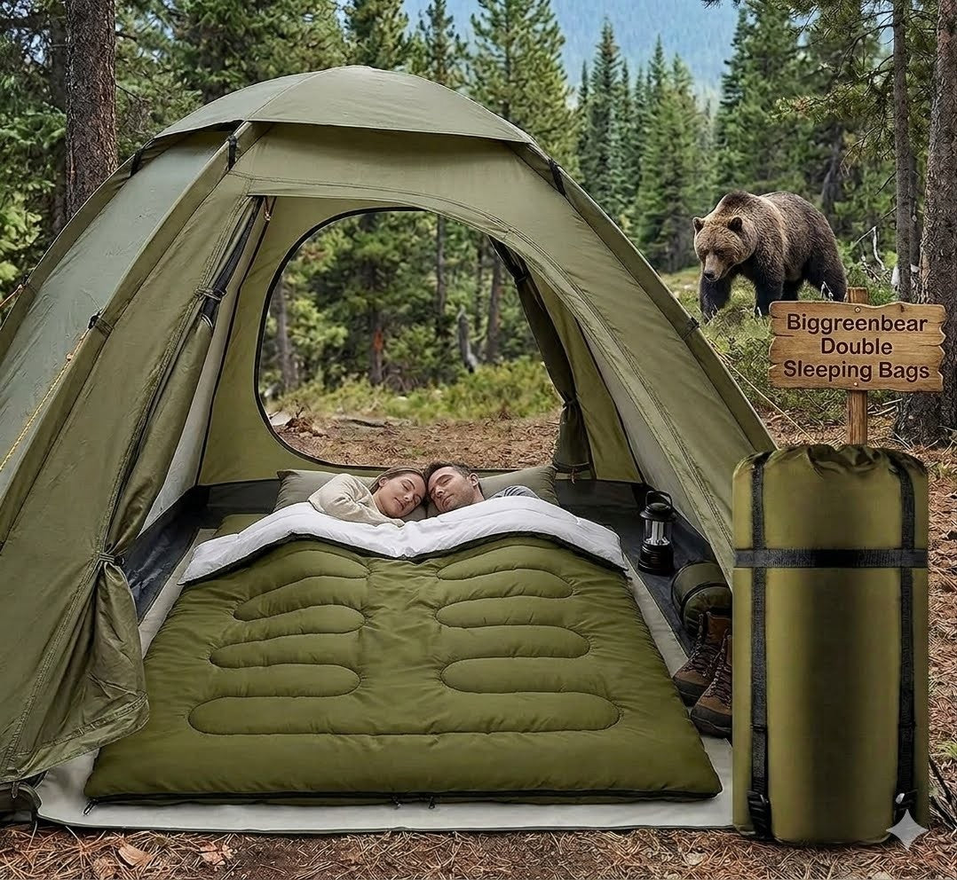 Two people sleeping in a green tent with a bear in the background, featuring Biggreenbear Double Sleeping Bags.