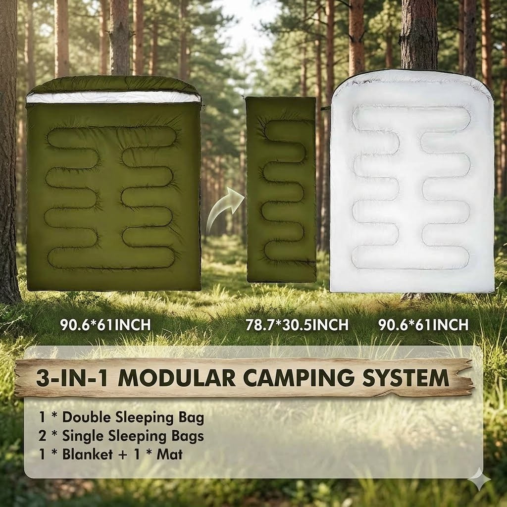 3-in-1 modular camping system with sleeping bags, blanket, and mat in a forest setting.