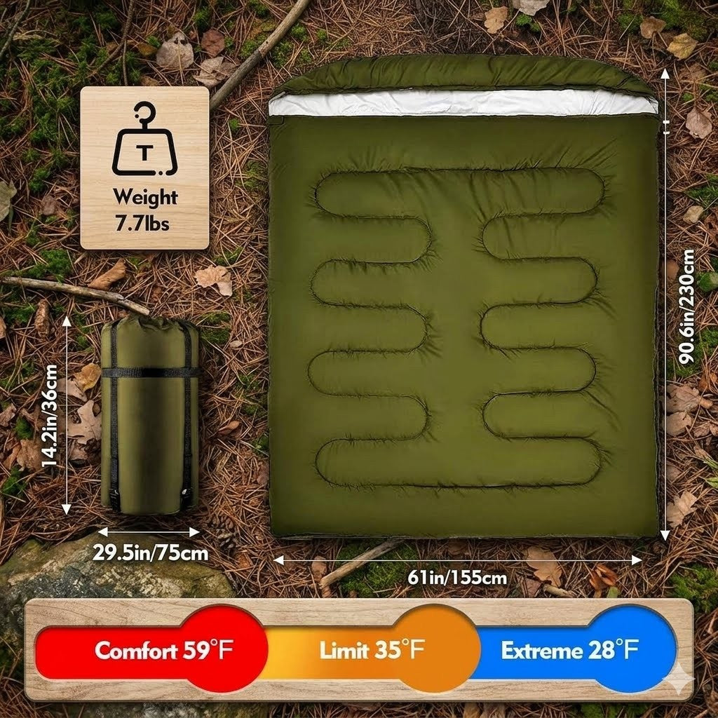 Green sleeping bag with dimensions and weight information on a natural background