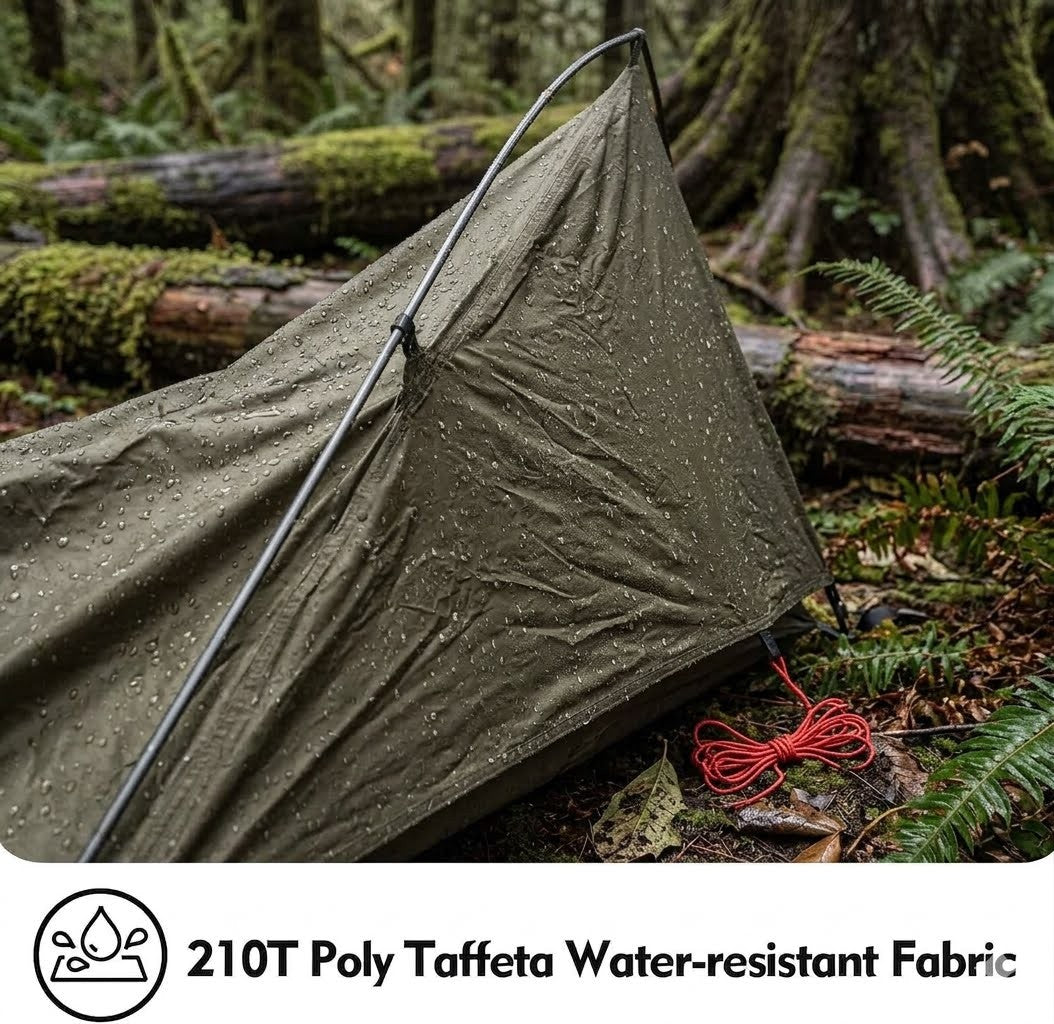 Water-resistant tent fabric in a forest setting with 210T Poly Taffeta text.