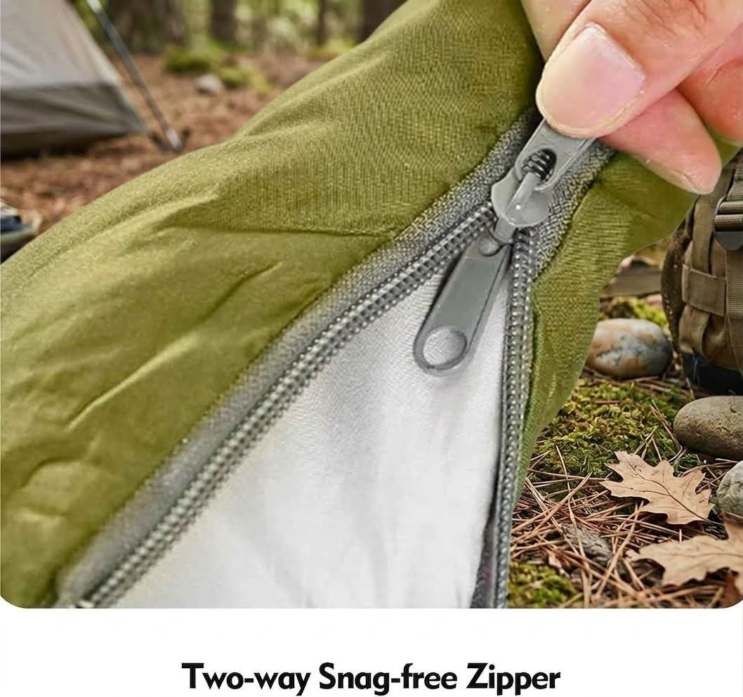 Two-way snag-free zipper on a green jacket with a camping background