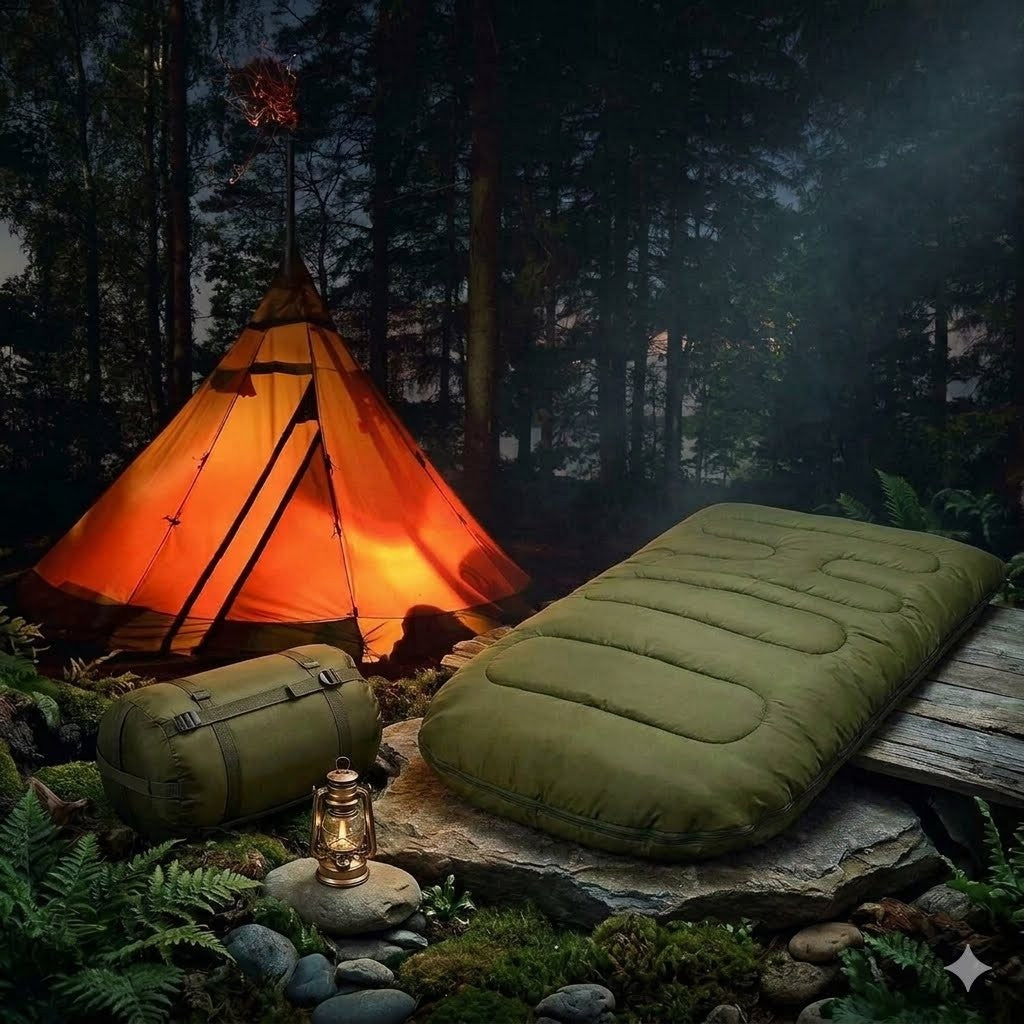 Camping scene with a glowing tent, sleeping pad, and lantern in a forest setting.