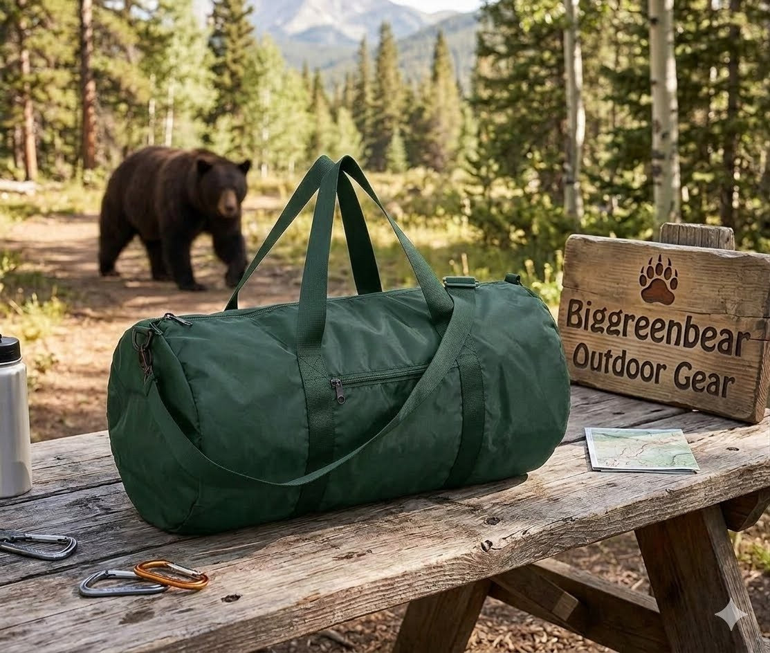 Green duffel bag on a wooden bench with a bear in the background, featuring Biggreenbear Outdoor Gear branding.