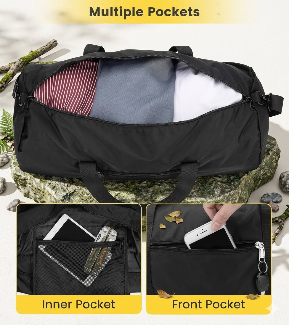 Black duffel bag with multiple pockets on a natural background